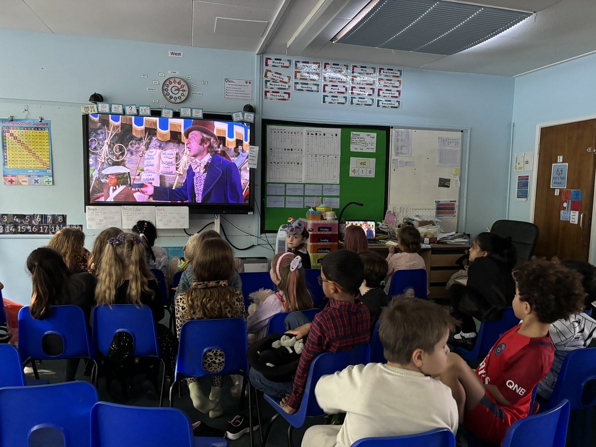 Nobody tell Mrs Cooper but this afternoon Miss Phillips broke the rules and opened a cinema in Blue Class to watch Charlie and the Chocolate Factory! Shhhh!