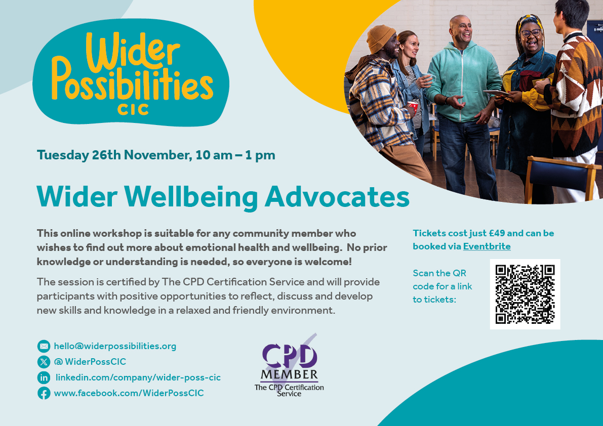 WiderPossCIC's tweet image. Wider Wellbeing Advocates Training. 
Places still available. #emotionalwellbeing #cpd #mentalhealth #training #wolverhampton