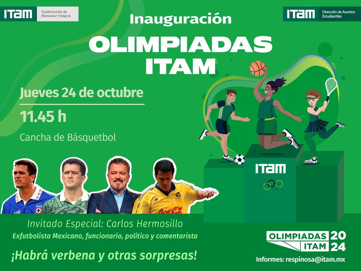 HVivesSegl's tweet photo. 📣📣📣
#HOY
Carlos Hermosillo en la inauguración de #OlimpiadasITAM 2024
11:45
Gimnasio 🏀
@CHermosillo27
@DAE_ITAM @ITAM_mx @elsupuesto @ExITAM #DeportesITAM @ElSupuestoD_ @ITAMuniversity @ITAMMusica https://t.co/xKGgZ8kbpu