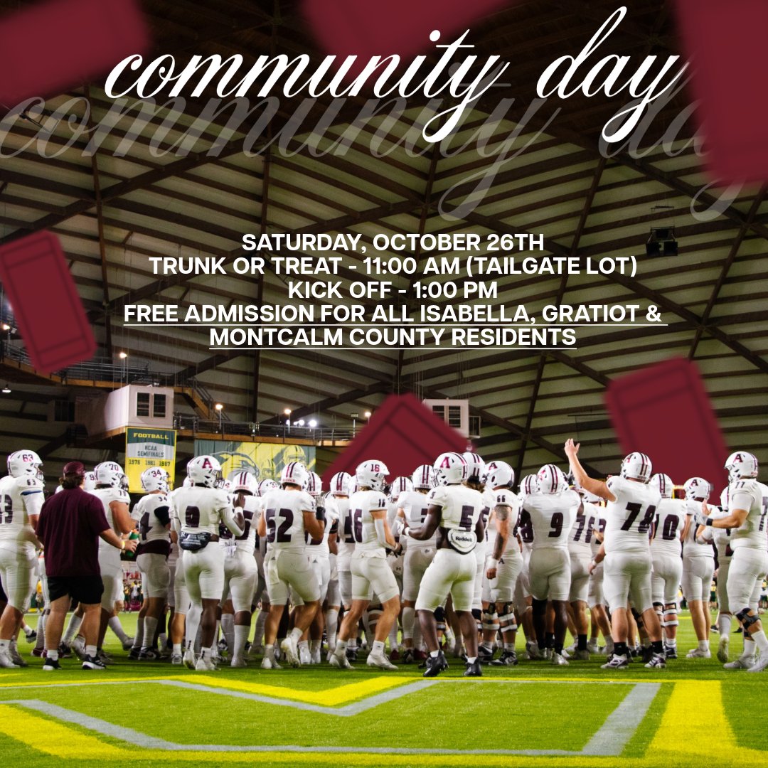 This one's for all.

Saturday, 10/26, Alma FB is hosting The Univ. of Olivet for a Community Day game at 1 PM! Also, the tailgate lot is hosting a trunk or treat from 11-1! Admission is free to all Isabella, Gratiot &amp; Montcalm residents. Grab your friends and cheer on the Scots!
