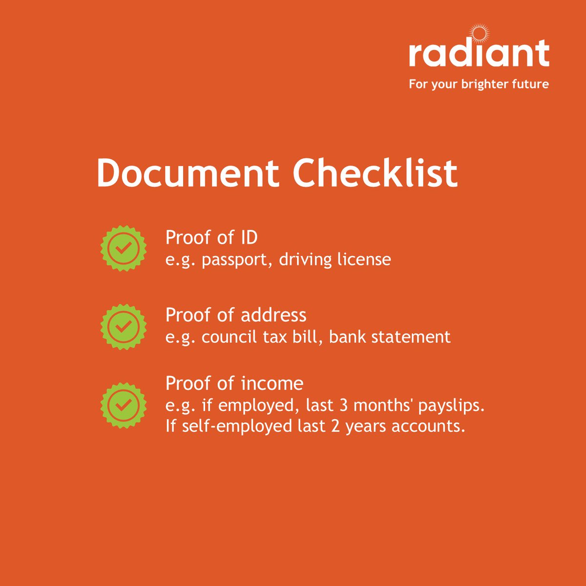 Here's a guide of the documents you might need when applying for a mortgage.

For more mortgage tips make sure to follow us and turn on post notifications.

Alternatively, give the team a call on 01527 962787 or email at mortgages@radiantfinancial.co.uk

#RadiantFinancialPlanning