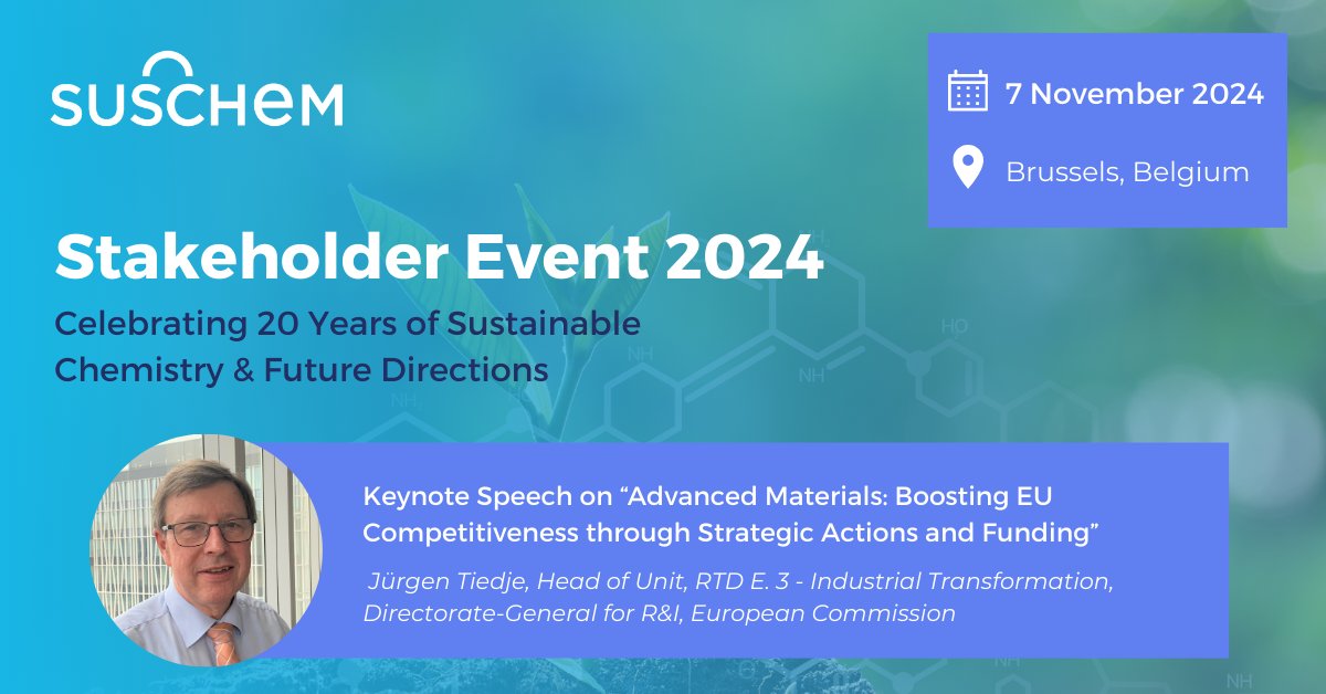 SusChem ETP (@suschem) on Twitter photo 📢 The SusChem Stakeholder Event is fast approaching on November 7 in Brussels!
🎤 Special keynote speech: "Advanced Materials: Boosting EU Competitiveness through Strategic Actions and Funding", by Jürgen Tiedje, DG RTD, <a href="/EU_Commission/">European Commission</a>.
🔗Register today: tinyurl.com/5n92rtem 📢 The SusChem Stakeholder Event is fast approaching on November 7 in Brussels!
🎤 Special keynote speech: "Advanced Materials: Boosting EU Competitiveness through Strategic Actions and Funding", by Jürgen Tiedje, DG RTD, <a href="/EU_Commission/">European Commission</a>.
🔗Register today: tinyurl.com/5n92rtem