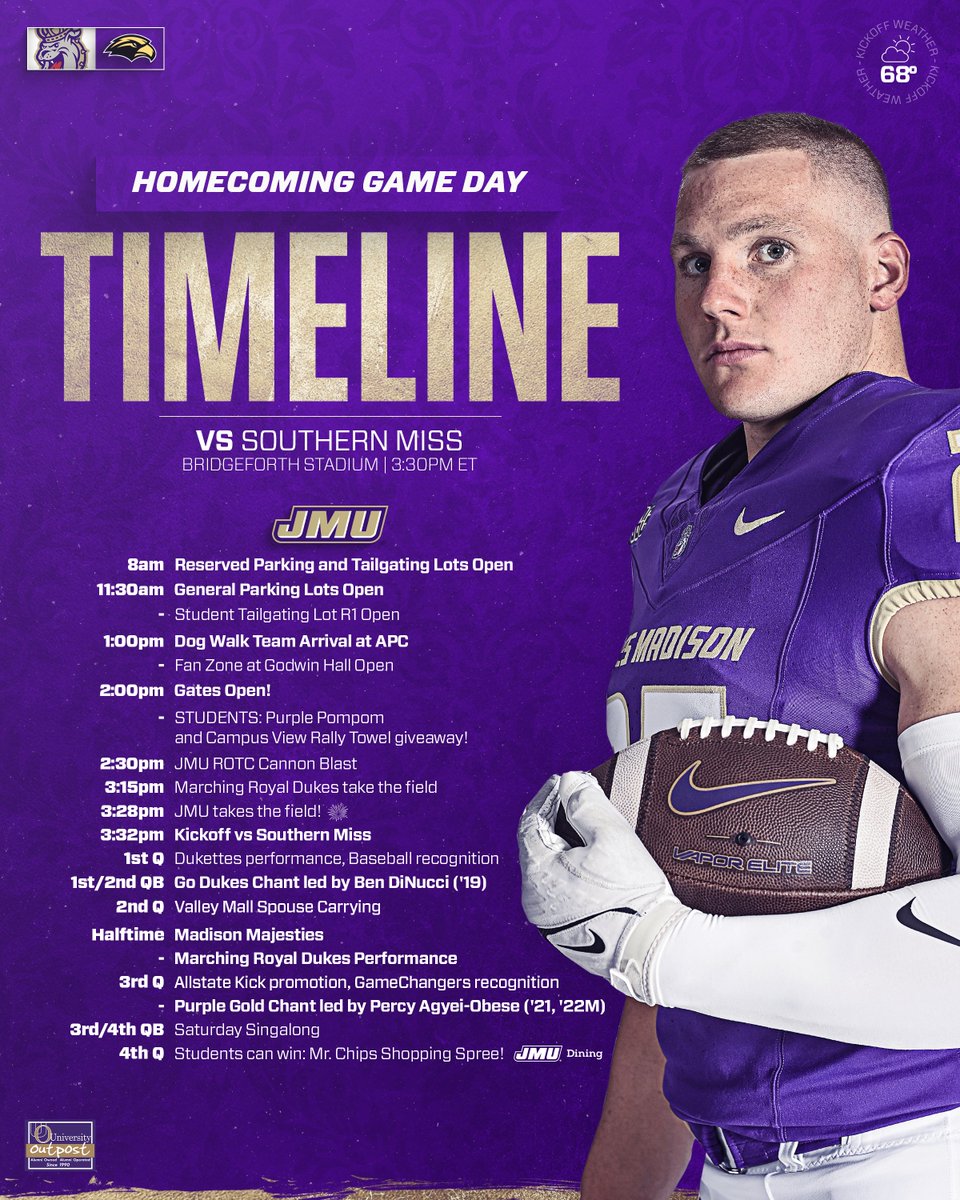 JMUFootball's tweet photo. Hoco is almost a go! 🫡

Here is your game day timeline for Saturday, JMU Nation!

#GoDukes https://t.co/h9kZwW0MJ8