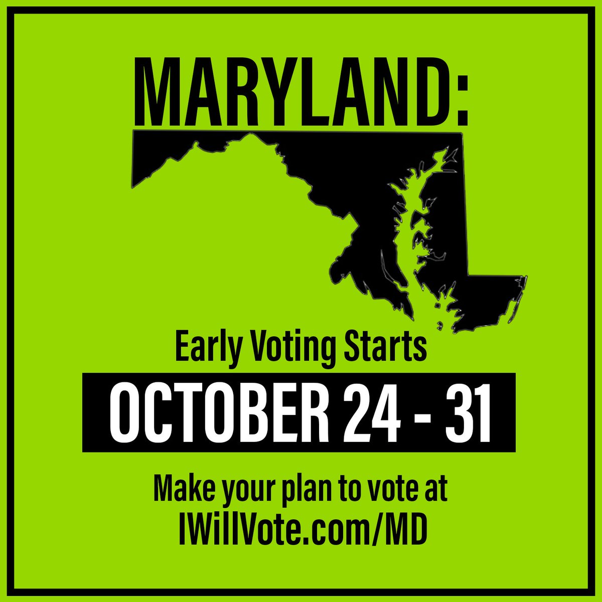 It's time to send <a href="/KamalaHarris/">Kamala Harris</a> to the White House and <a href="/AlsobrooksForMD/">Angela Alsobrooks</a> to the Senate!

Early voting is happening NOW and lasts until October 31st. Make your plan to vote at  IWillVote.com/MD 

#VoteBlue #EarlyVoting #Maryland