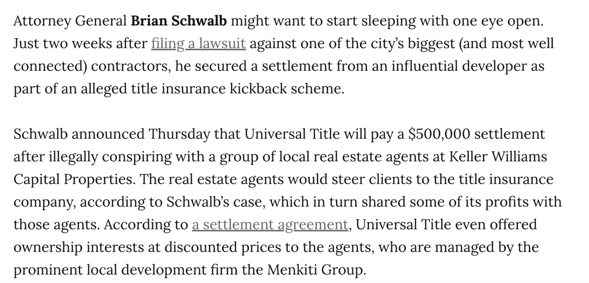 Alex Koma (@alexkomadc) on Twitter photo New: <a href="/DCAttorneyGen/">AG Brian Schwalb</a> claims one of DC's most prominent developers, Menkiti Group, participated in a title insurance kickback scheme via its real estate sales arm.
Menkiti makes for the 2nd politically connected business Schwalb has pursued this month...
washingtoncitypaper.com/article/752395… New: <a href="/DCAttorneyGen/">AG Brian Schwalb</a> claims one of DC's most prominent developers, Menkiti Group, participated in a title insurance kickback scheme via its real estate sales arm.
Menkiti makes for the 2nd politically connected business Schwalb has pursued this month...
washingtoncitypaper.com/article/752395…
