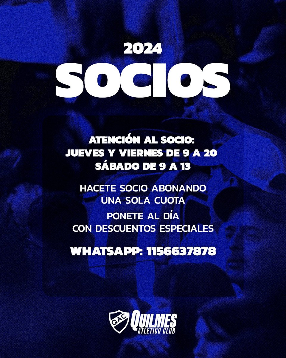 🫡 TODOS AL CENTENARIO

▫ Para ver Quilmes-San Miguel, hacete socio pagando una sola cuota o regularizá tu deuda con descuentos.

🤝 Válido para la adhesión a débito automático

▶️ Hacé tu consulta en wa.me/5491156637878