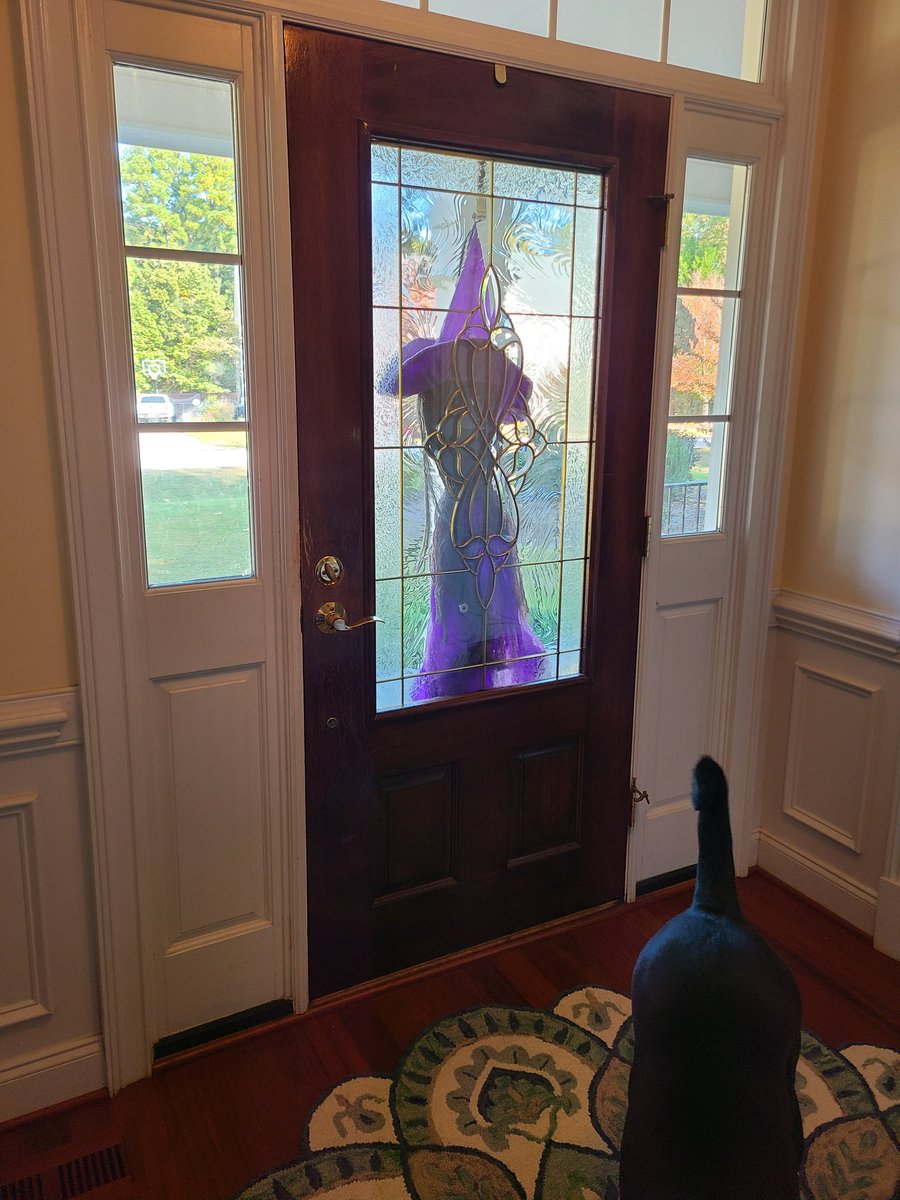This is the third year she has hung on the front door for the month of October. Today marks at least the 638th time she's made me think someone was standing at the front door looking in. It's worse at night when you can't see the hat as well.