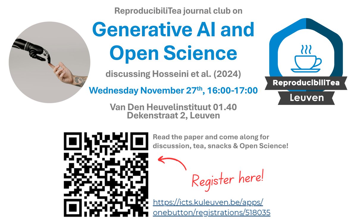ReproducibiliTea Leuven (@leuventea) on Twitter photo π’ Join us Nov 27th, 16:00-17:00, VHI 01.40, KU Leuven for our next journal club, on Generative AI and Open Science!
π Read: doi.org/10.31235/osf.iβ¦
π€ Register: tinyurl.com/3hd9t4ru or the QR code below!
<a href="/LeuvenAi/">Leuven.AI</a> <a href="/HSS_KULeuven/">Humanities & Social Sciences Group KU Leuven</a> <a href="/SET_KULeuven/">SET Group KU Leuven</a> <a href="/BMS_KULEUVEN/">BMS KU Leuven</a> <a href="/KU_Leuven/">KU Leuven</a> π’ Join us Nov 27th, 16:00-17:00, VHI 01.40, KU Leuven for our next journal club, on Generative AI and Open Science!
π Read: doi.org/10.31235/osf.iβ¦
π€ Register: tinyurl.com/3hd9t4ru or the QR code below!
<a href="/LeuvenAi/">Leuven.AI</a> <a href="/HSS_KULeuven/">Humanities & Social Sciences Group KU Leuven</a> <a href="/SET_KULeuven/">SET Group KU Leuven</a> <a href="/BMS_KULEUVEN/">BMS KU Leuven</a> <a href="/KU_Leuven/">KU Leuven</a>