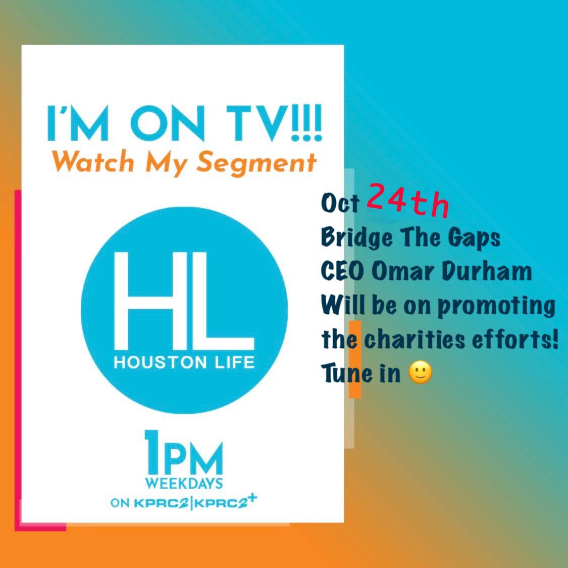 Today is the DAY! Join Bridge The Gaps today as the Houston Life segment on KPRC! Join us today at 1pm CST...
If ya'll know our Founder and CEO, YOU KNOW this will be a great time! 

#kprchouston #kprc #houstonlive #kprchoustonlive #Btg4youth #houston #houstonnonprofits