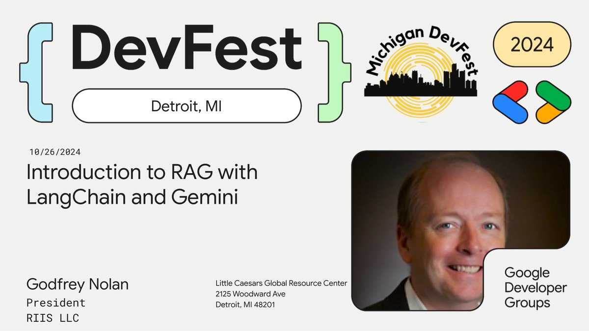 Michigan DevFest 2024 is this weekend. RIIS President Godfrey Nolan will be hosting an AI Talk titled Introduction to RAG with LangChain and Gemini. Join the session this Saturday, October 26 at the Little Caesar's Global Resource Center. Register here: ow.ly/jIgt50TPVNh