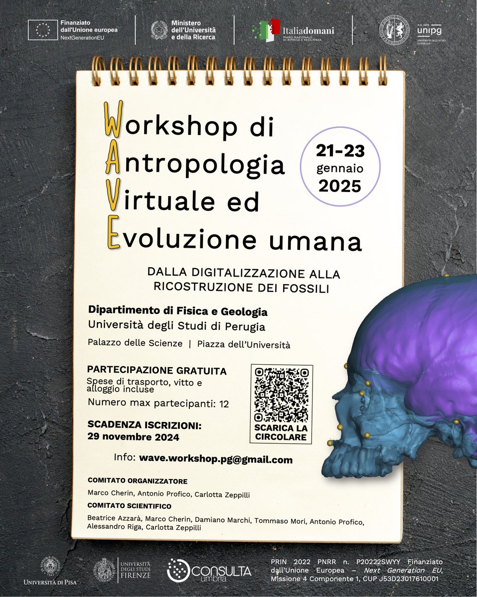 AntProfico's tweet image. Apertura delle iscrizioni al WAVE - Workshop di #AntropologiaVirtuale ed #EvoluzioneUmana! 🦴🖥️
Dal 21 al 23 gennaio 2025 a Perugia.
Finanziato dal progetto #PRIN PNRR 2022 (SANDRONE).
Iscrizioni fino al 29 novembre!
Info: wave.workshop.pg@gmail.com ✉️