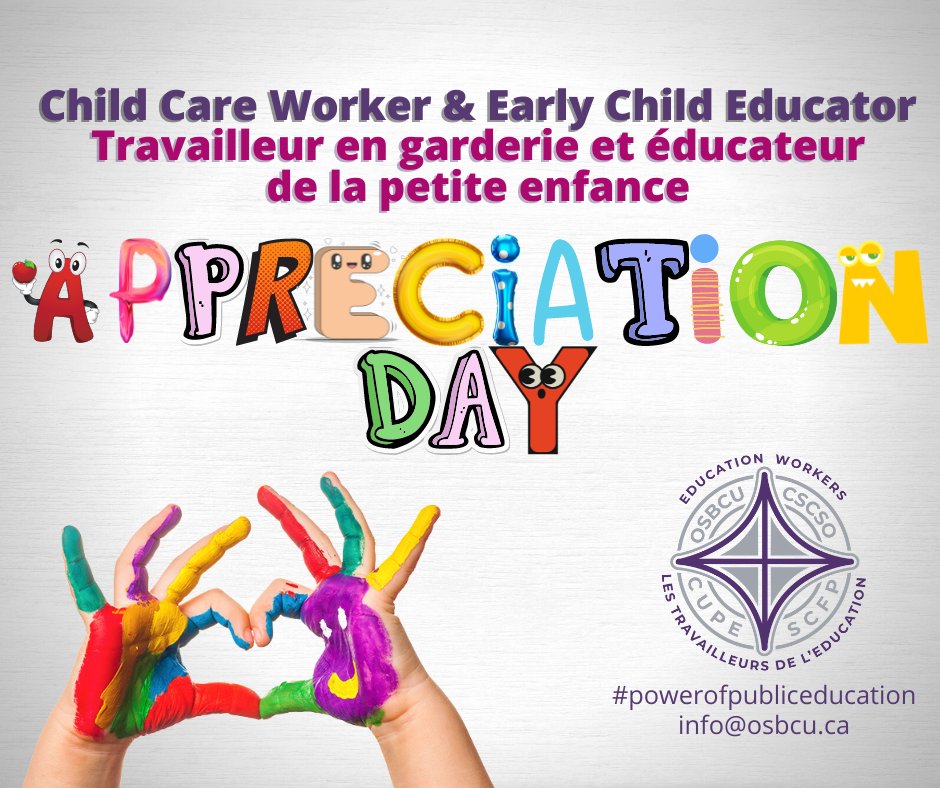 Today is Child Care Worker and Early Childhood Educator Appreciation Day!

Thank you to all RECEs, ECEs, and staff for your dedication and for opening the doors to bright futures for our students! 🌟 
#ChildCareWorkerDay #ECEAppreciation