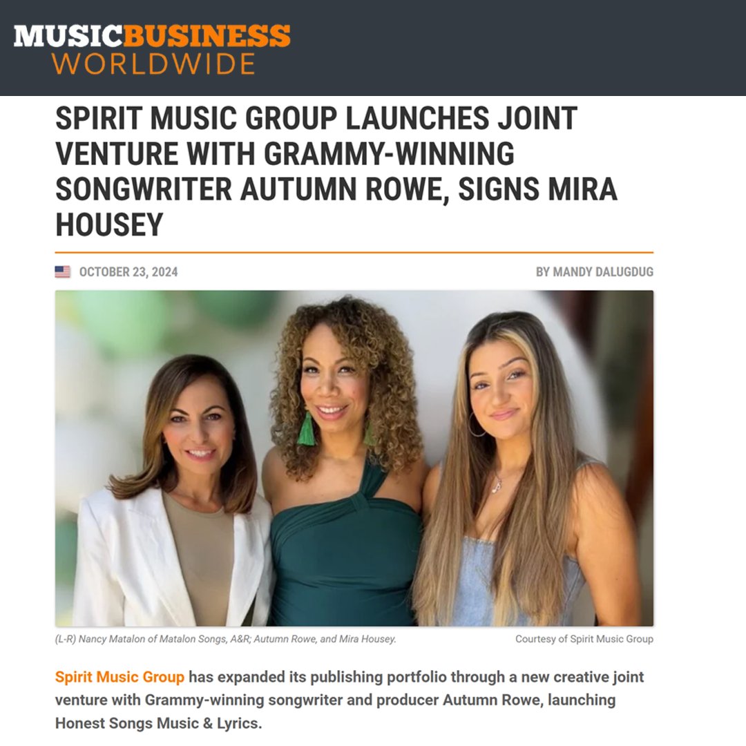Exciting news! 🎶 Spirit Music Group has partnered with the incredibly talented Autumn Rowe to launch Honest Songs Music &amp; Lyrics, a new creative joint venture! 🌟

#SpiritMusicGroup #HonestSongs #AutumnRowe #MiraHousey #Songwriters #Producers #NewMusic #MusicIndustry