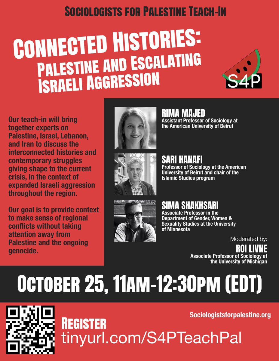 Appreciated <a href="/rima_majed/">Rima Majed</a> on <a href="/democracynow/">Democracy Now!</a> today? Tune in tomorrow to hear her at our <a href="/Soc4Pal/">Sociologists for Palestine</a> teach-in, along with <a href="/hanafi1962/">Sari Hanafi</a> and <a href="/SShakhsari97564/">Sima Shakhsari</a>, moderated by @RoiLivne

Register at tinyurl.com/S4PTeachPal