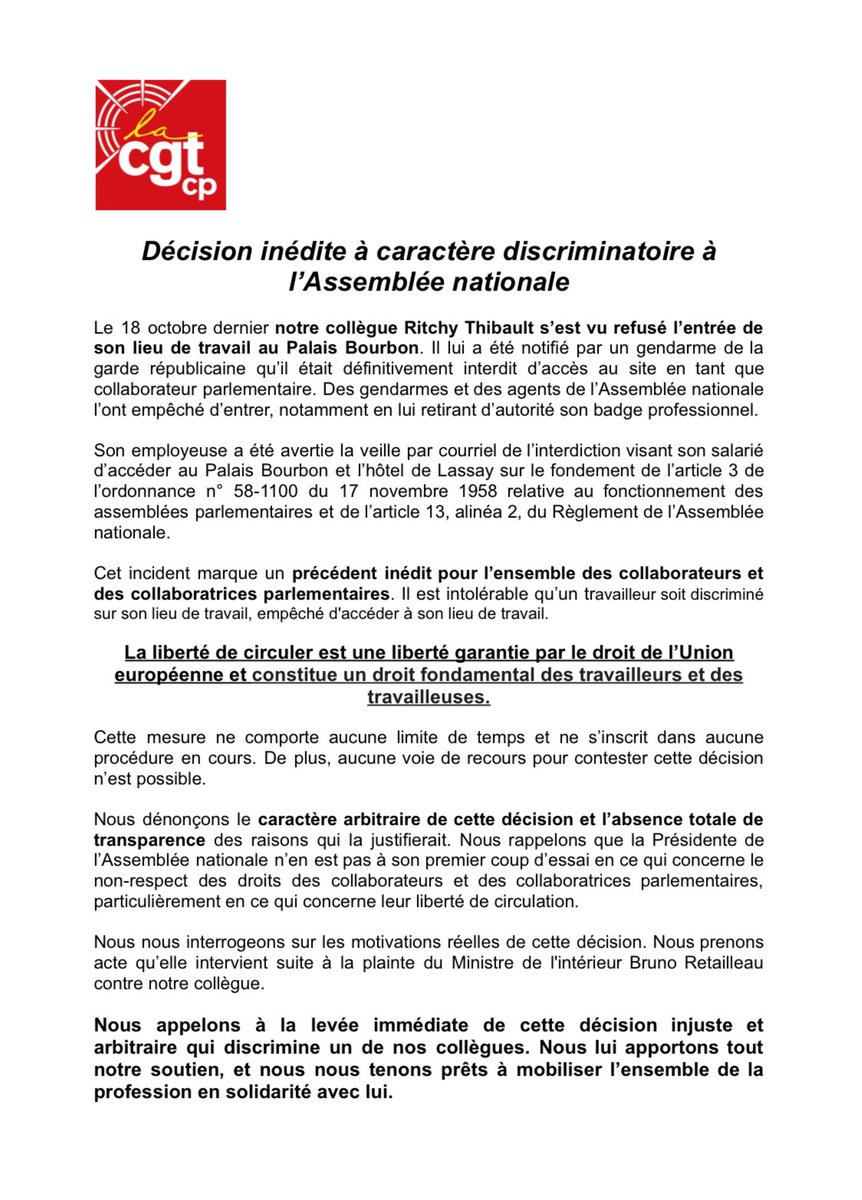 Soutien à notre collègue <a href="/ritchy_thibault/">Ritchy Thibault</a>, interdit de se rendre sur son lieu de travail à l’#Assembléenationale. 

Grave précédent pour l’ensemble des collaborateurs et collaboratrices parlementaires, nous dénonçons cette décision arbitraire et appelons à sa levée immédiate.