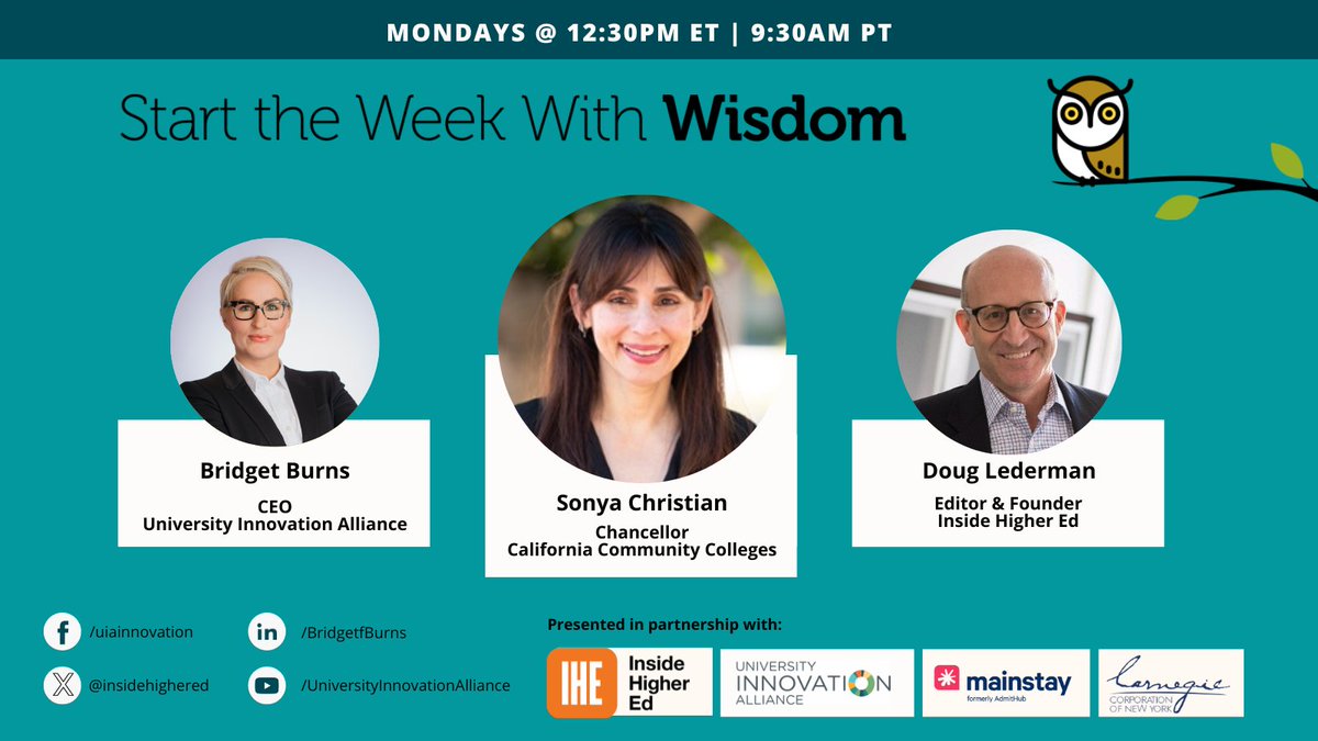 University Innovation Alliance (UIA) (@uiainnovation) on Twitter photo 🦉 Start your week with wisdom!
<a href="/sonyachristian/">Sonya Christian</a>, chancellor of <a href="/CalCommColleges/">California Community Colleges</a> joins our CEO, <a href="/BBurnsEDU/">Dr. Bridget Burns</a>, and <a href="/dougledIHE/">Doug Lederman</a> of <a href="/insidehighered/">Inside Higher Ed</a> Monday for an insightful episode of #WeeklyWisdom.
10/28
9:30amPT
Thanks to our sponsors, <a href="/hey_mainstay/">Mainstay</a> & <a href="/CarnegieCorp/">Carnegie Corporation of New York</a>. 🦉 Start your week with wisdom!
<a href="/sonyachristian/">Sonya Christian</a>, chancellor of <a href="/CalCommColleges/">California Community Colleges</a> joins our CEO, <a href="/BBurnsEDU/">Dr. Bridget Burns</a>, and <a href="/dougledIHE/">Doug Lederman</a> of <a href="/insidehighered/">Inside Higher Ed</a> Monday for an insightful episode of #WeeklyWisdom.
10/28
9:30amPT
Thanks to our sponsors, <a href="/hey_mainstay/">Mainstay</a> & <a href="/CarnegieCorp/">Carnegie Corporation of New York</a>.