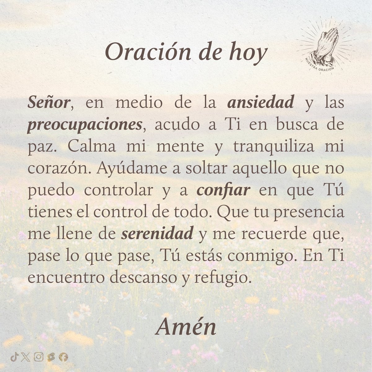 Nuestra_Oracion's tweet photo. En medio de la ansiedad, Dios nos ofrece paz y descanso. 🕊️ Entrégale tus cargas y permite que su serenidad llene tu corazón. 🙏 

#PazEnDios #DescansoInterior 
#FortalezaEnDios #oracionpoderosa #dios #24Oct #JehovaDios #cristianosporelmundo #cristo #gratitud #Jehova #Jesus https://t.co/kKpnltTbJi