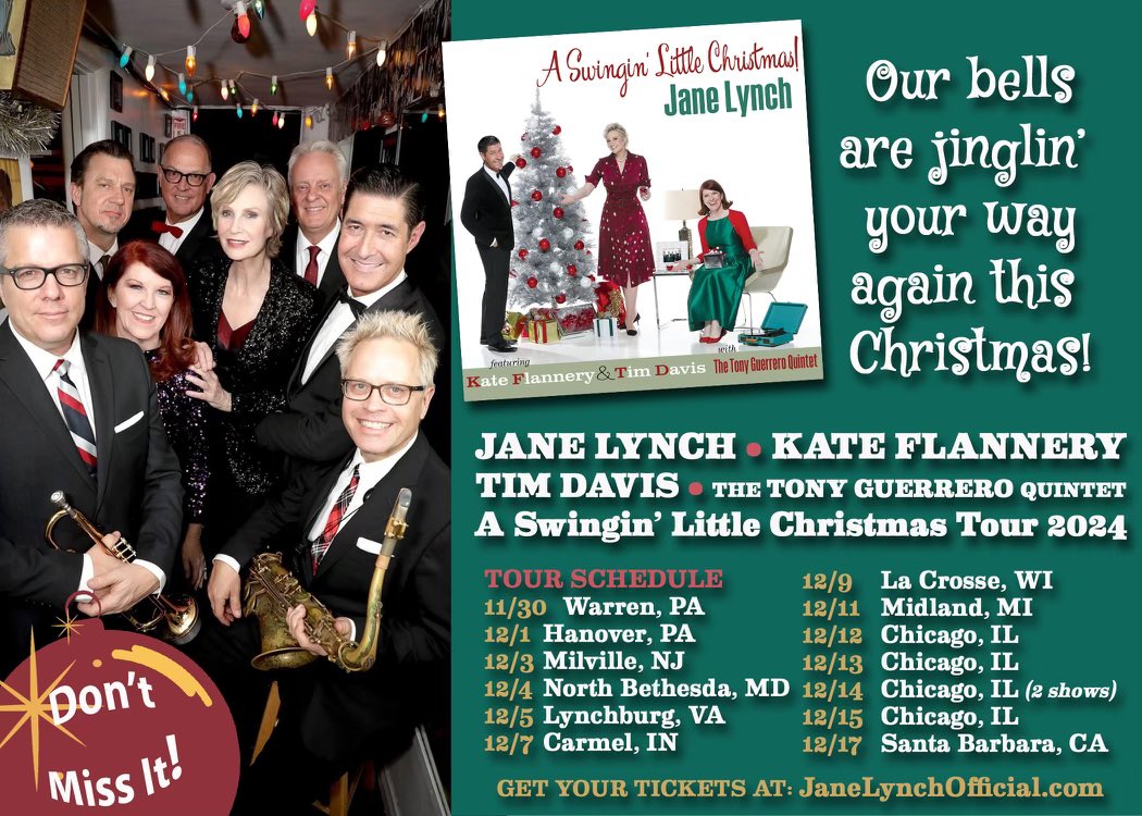 Jane Lynch (@janemarielynch) on Twitter photo A Swingin’ Little Christmas hits the road! <a href="/KateFlannery/">Kate Flannery</a> <a href="/TonyGuerrero/">TonyGuerrero</a> Quintet and Tim Davis! A Swingin’ Little Christmas hits the road! <a href="/KateFlannery/">Kate Flannery</a> <a href="/TonyGuerrero/">TonyGuerrero</a> Quintet and Tim Davis!