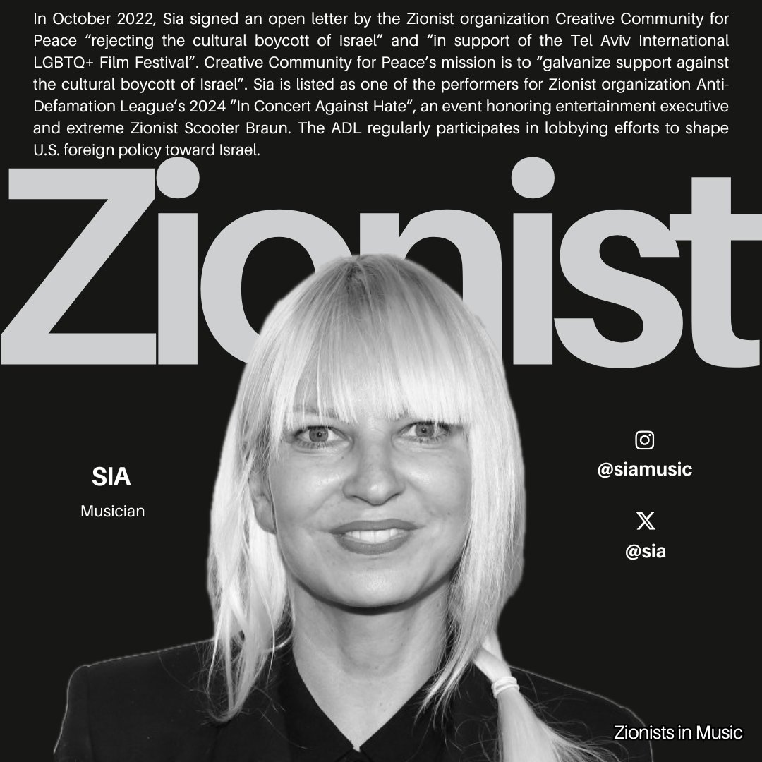 zionistsinmusic's tweet image. Australian musician Sia (@sia) is a Zionist.