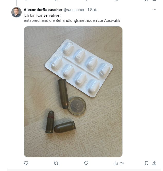 Kopfschmerztabletten und drei Patronen - das ist die Empfehlung des sachsen-anhaltischen CDU-Politikers Alexander Räuscher gegen die Kopfschmerzen eines Grünen-Politikers. 
mz.de/mitteldeutschl…