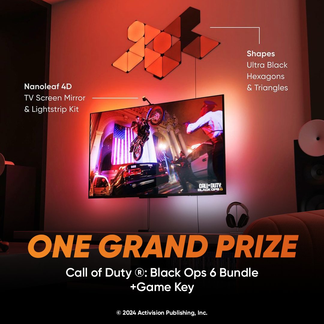 nanoleaf's tweet image. 🎁 WIN DAILY PRIZES 🎁
To celebrate the launch of Call of Duty®: Black Ops 6, we’re giving away SIX game keys EVERY DAY until October 28th!
+ 1 GRAND PRIZE WINNER will win a Nanoleaf x Call of Duty©: Black Ops 6 Bundle + game key 🤯

✅ TO ENTER:
1. Follow @nanoleaf and…