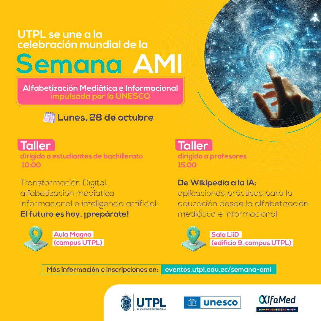 ¿Eres docente o estudiante? 📚🧑🏻‍💻👩🏽‍💻

Esta es tu oportunidad para potenciar tus habilidades y comprender el uso responsable de medios. 🤳🏽

¡No te pierdas estos talleres gratuitos!

Inscríbete en: eventos.utpl.edu.ec/registro-seman…