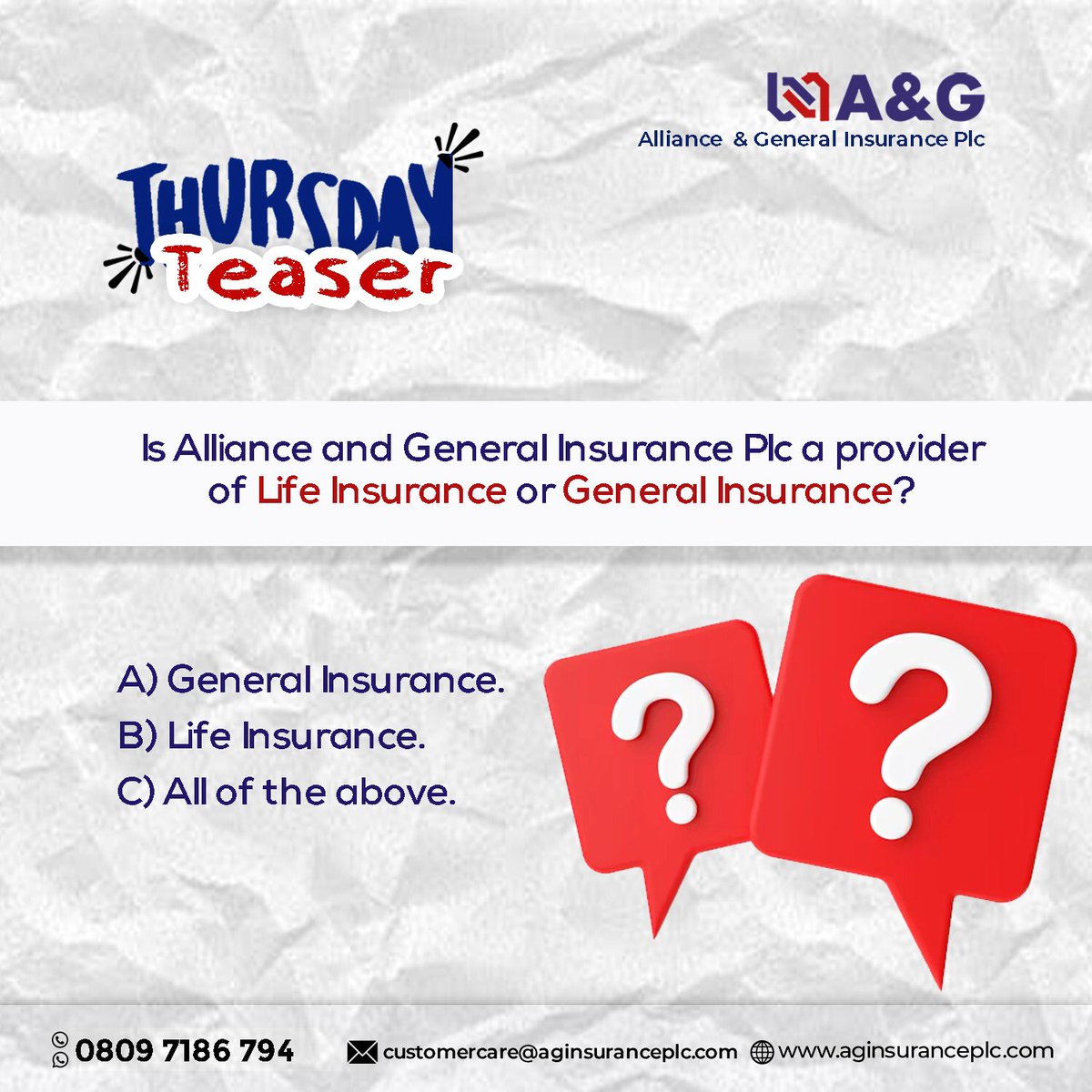 aginsuranceplc's tweet image. Here’s a fun Thursday challenge for you.

Is Alliance and General Insurance Plc all about Life Insurance or General Insurance? 

Share your answer and let’s see how well you know us.

 #InsuranceTrivia #Trivia #insurance #game #aandginsurance #aandgmysuregee
