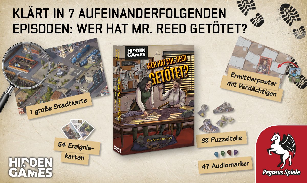 Pegasus Spiele (@pegasusspiele) on Twitter photo WER HAT MR. REED GETÖTET? – Taucht ein in die dunklen Straßen von Havenburg im Jahr 1955 und klärt mithilfe einer interaktiven Stadtkarte den Mord an dem zwielichtigen Investor Mr. Reed auf. Das kooperative Krimi-Brettspiel von <a href="/HiddenGamesCS/">Hidden Games</a> ist im Handel und online erhältlich. WER HAT MR. REED GETÖTET? – Taucht ein in die dunklen Straßen von Havenburg im Jahr 1955 und klärt mithilfe einer interaktiven Stadtkarte den Mord an dem zwielichtigen Investor Mr. Reed auf. Das kooperative Krimi-Brettspiel von <a href="/HiddenGamesCS/">Hidden Games</a> ist im Handel und online erhältlich.