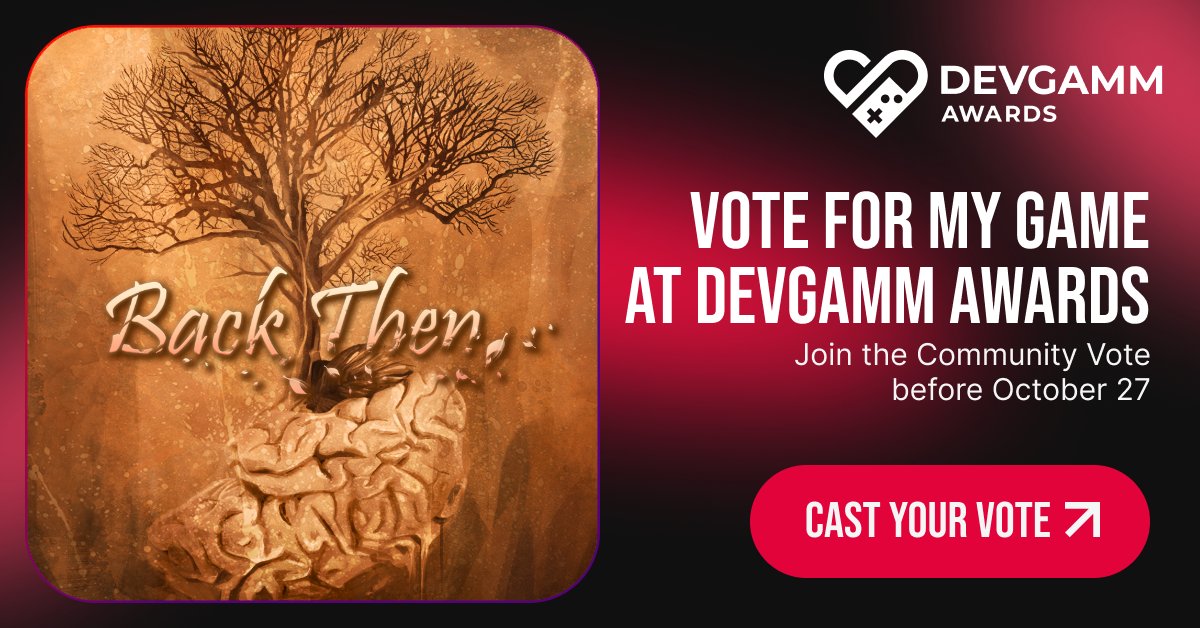 BackThenGame's tweet image. Time is running out! ⌛️
Don't miss your chance to vote for our game in the @DevGAMM Awards! ✨

1⃣ Vote for us by going to tinyurl.com/ycx9sw4x
2⃣ Find #BackThen in the list and submit your vote!

Voting ends this Sunday, October 27th! ⏰

#indiegame #gaming