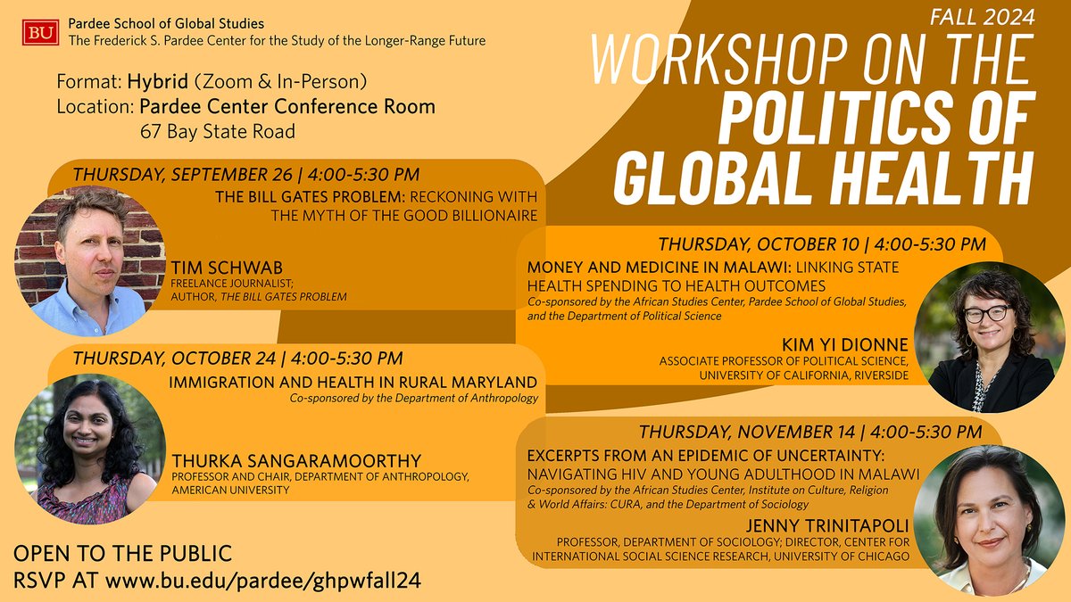 BU Pardee Center (@bupardeecenter) on Twitter photo TODAY at 4 pm: Join us & <a href="/BUAnthropology/">BU Anthropology</a> in person or on Zoom for the next talk in the Global Health Politics Workshop series by <a href="/AUAnthropology/">American U. Anthropology</a>'s <a href="/Thurka149/">Thurka Sangaramoorthy</a>, “Immigration and Health in Rural Maryland."
Learn more: bu.edu/pardee/ghpwfal…
<a href="/BUPardeeSchool/">Pardee School of Global Studies, Boston University</a> TODAY at 4 pm: Join us & <a href="/BUAnthropology/">BU Anthropology</a> in person or on Zoom for the next talk in the Global Health Politics Workshop series by <a href="/AUAnthropology/">American U. Anthropology</a>'s <a href="/Thurka149/">Thurka Sangaramoorthy</a>, “Immigration and Health in Rural Maryland."
Learn more: bu.edu/pardee/ghpwfal…
<a href="/BUPardeeSchool/">Pardee School of Global Studies, Boston University</a>