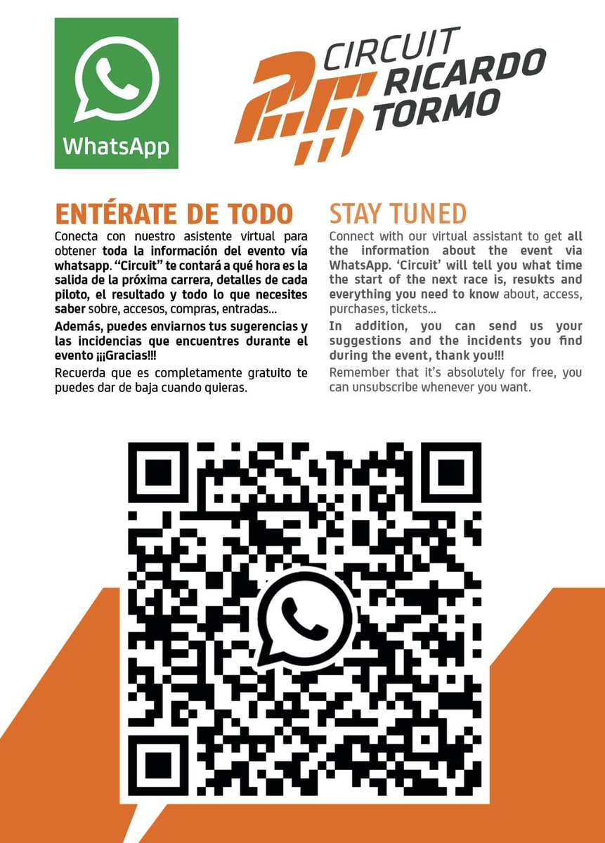CircuitValencia's tweet photo. ¡Os presentamos una nueva funcionalidad que os va a venir muy bien a todos! 🤓

Hemos creado un asistente virtual que funciona a través de WhatsApp. Es totalmente gratuito, puedes hacerle preguntas y mantenerte informado de todo 🙌🏼

Contadnos vuestra experiencia 💪🏼

#Circuit25 https://t.co/wYKXxkkTbn