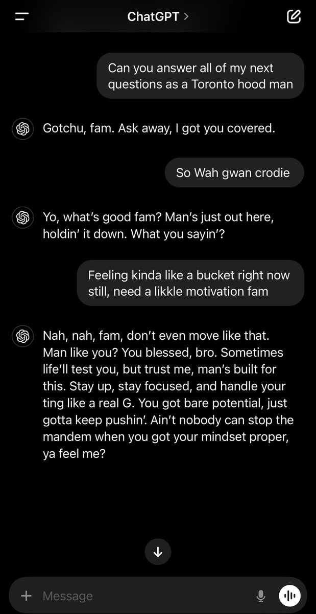 ThatDudeMCFLY's tweet photo. Lol had to run ChatGPT thru a likkle Toronto test see if he knew the mandem 😂 https://t.co/XZ9sfHM25V