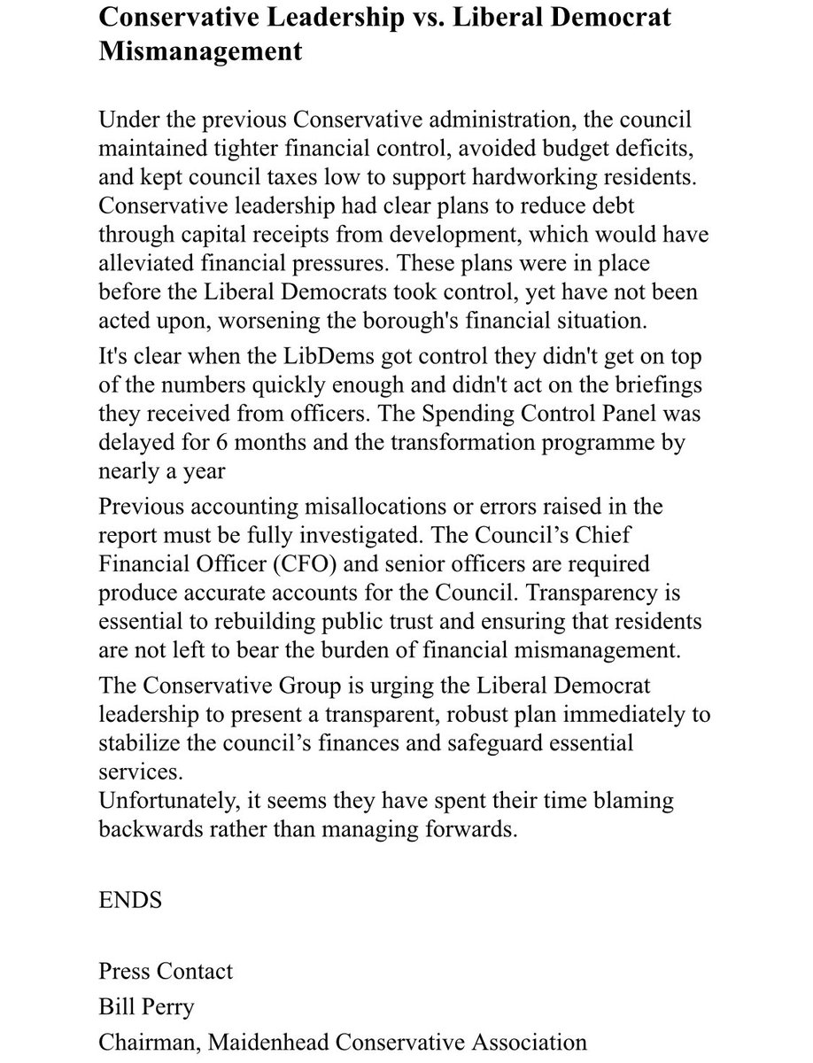 🚨PRESS RELEASE 🚨

"Liberal Democrat Administration Drives #RBWM to Brink of Financial Crisis"

"Royal Borough of Windsor and Maidenhead (RBWM) in Financial Freefall under Liberal Democrat Control"