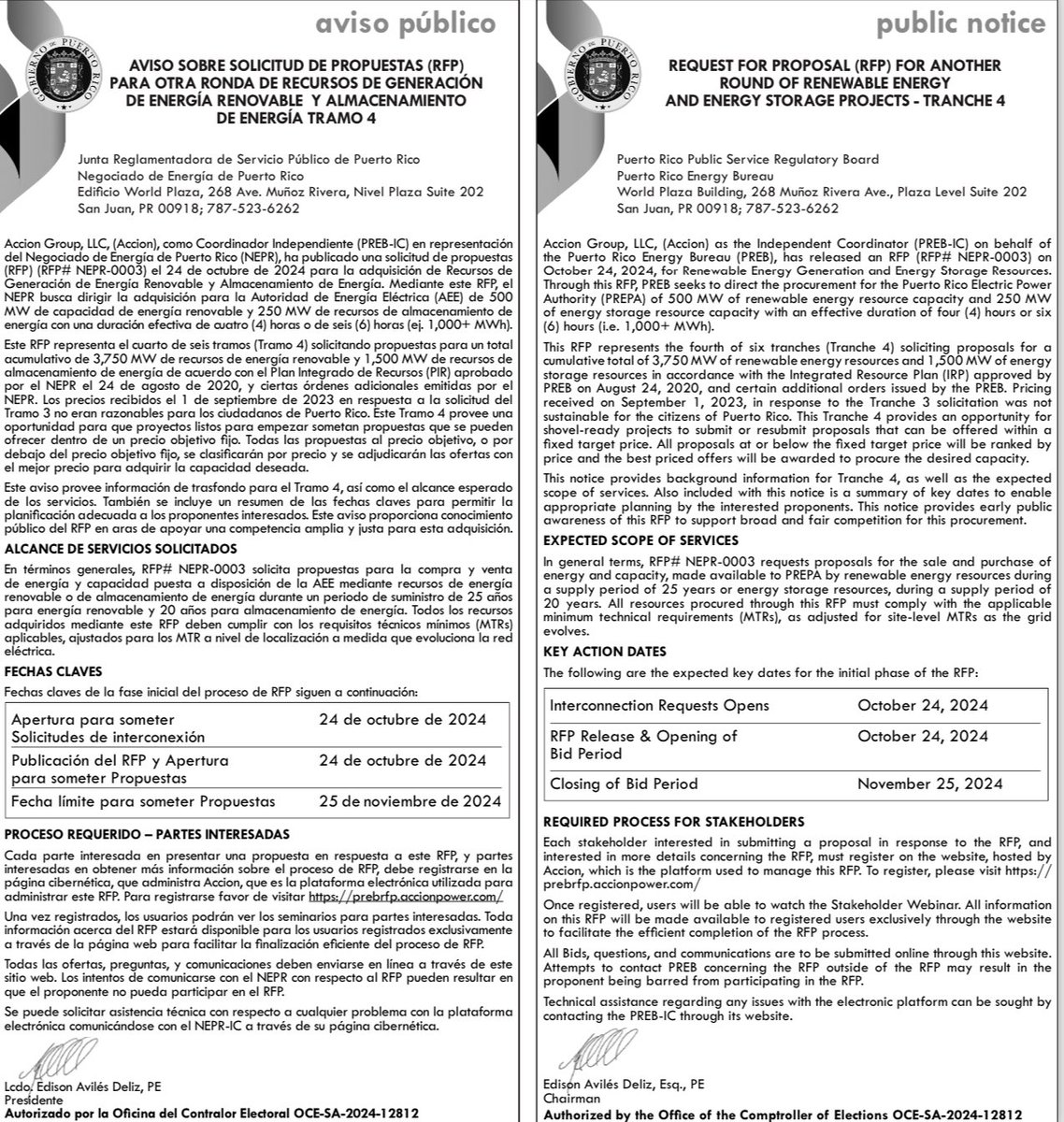 #NEPRInforma

Aviso sobre Solicitud de Propuestas (RFP) para otra ronda de recursos de generación de energía renovable y almacenamiento de energía para el Tramo 4 del Portafolio de Energía, que forman parte del Plan Integrado de Recursos. 

Ver más detalles aquí ⤵️