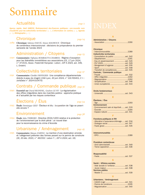 JCP A (@jcpa1) on Twitter photo Dans le n°43-44 du JCP A (éd 28/10/24)
📢 La reconnaissance du crime d' #écocide #environnement
📢 #PLF25 et #collterr <a href="/HadiHabchi/">Hadi Habchi</a>
📢 Chron. de contentieux #intercommunal #EPCI
📢 #commandepublique et projet de loi de simplification de la vie économique <a href="/villeneuvepi/">Pierre Villeneuve ⛩</a>
👇Sommaire Dans le n°43-44 du JCP A (éd 28/10/24)
📢 La reconnaissance du crime d' #écocide #environnement
📢 #PLF25 et #collterr <a href="/HadiHabchi/">Hadi Habchi</a>
📢 Chron. de contentieux #intercommunal #EPCI
📢 #commandepublique et projet de loi de simplification de la vie économique <a href="/villeneuvepi/">Pierre Villeneuve ⛩</a>
👇Sommaire