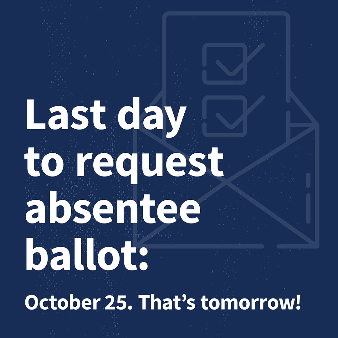 Want to vote absentee in the November General Election? Tomorrow, October 25th, is the last day to request an absentee ballot. Visit Vote.Virginia.gov to learn more. #VaElections2024 #VaisForVoters