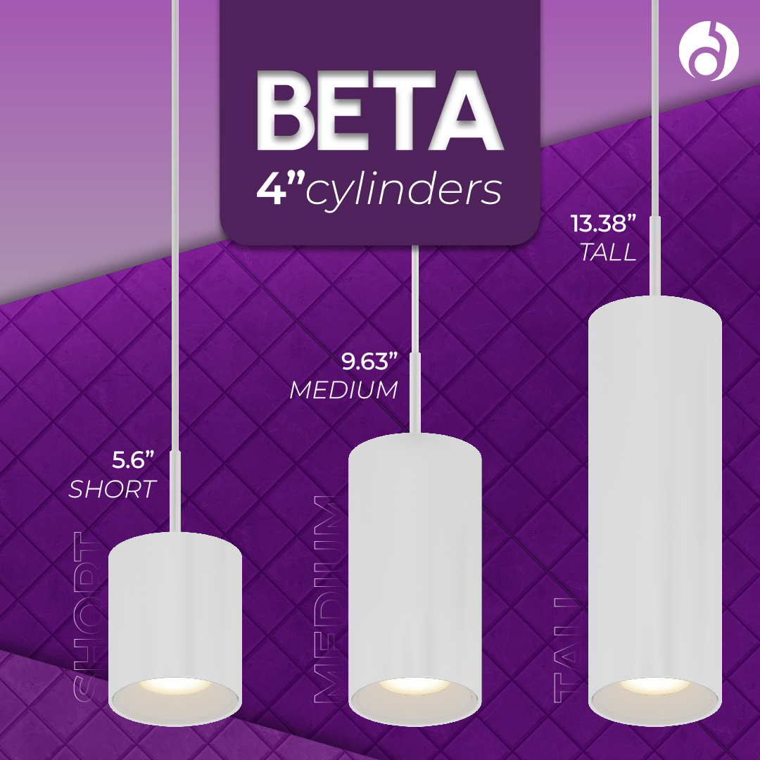 BETA4 now comes in three heights: short, medium and tall. 
-Pendant, surface or wall mounting
-Standard White, Warm Dim, Tunable White or RGBW LED technologies 
-8°-65° beam angle options