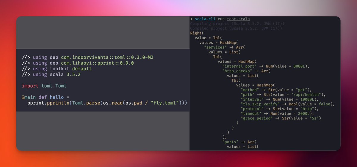 Thanks to <a href="/lorenzoglorenzo/">lolgab</a>'s help, we've revived the sparsetech/toml-scala library and published it under the new org, with Scala 3/JS/Native support.

Automatic derivation for Scala 3 is coming soon!

github.com/indoorvivants/…
