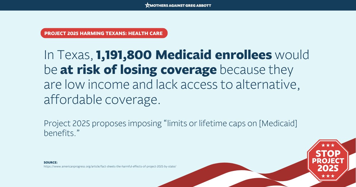 MomsAGAbbott's tweet photo. Texas is already at the bottom when it comes to medical care coverage. If Trump wins and passes Project 2025, an additional 1,191,800 Texans who have Medicaid are at risk of losing their coverage.  This is why voting for Harris is so important this November. #TexasProject2025 #Project2025