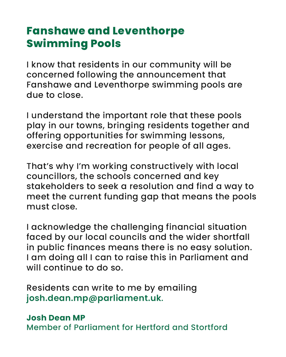 JoshDeanMP's tweet image. I know that many of you will be concerned by the announcement regarding Fanshawe and Leventhorpe swimming pools. I am meeting with stakeholders this week, and you can contact me at josh.dean.mp@parliament.uk