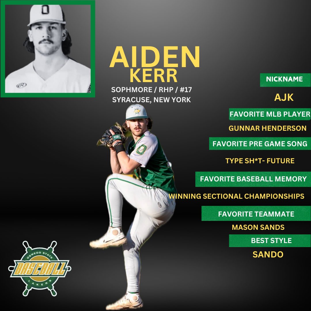 Up next for our “meet the players” series 
Aiden Kerr
Sophomore RHP from Syracuse, NY
#lakeshow