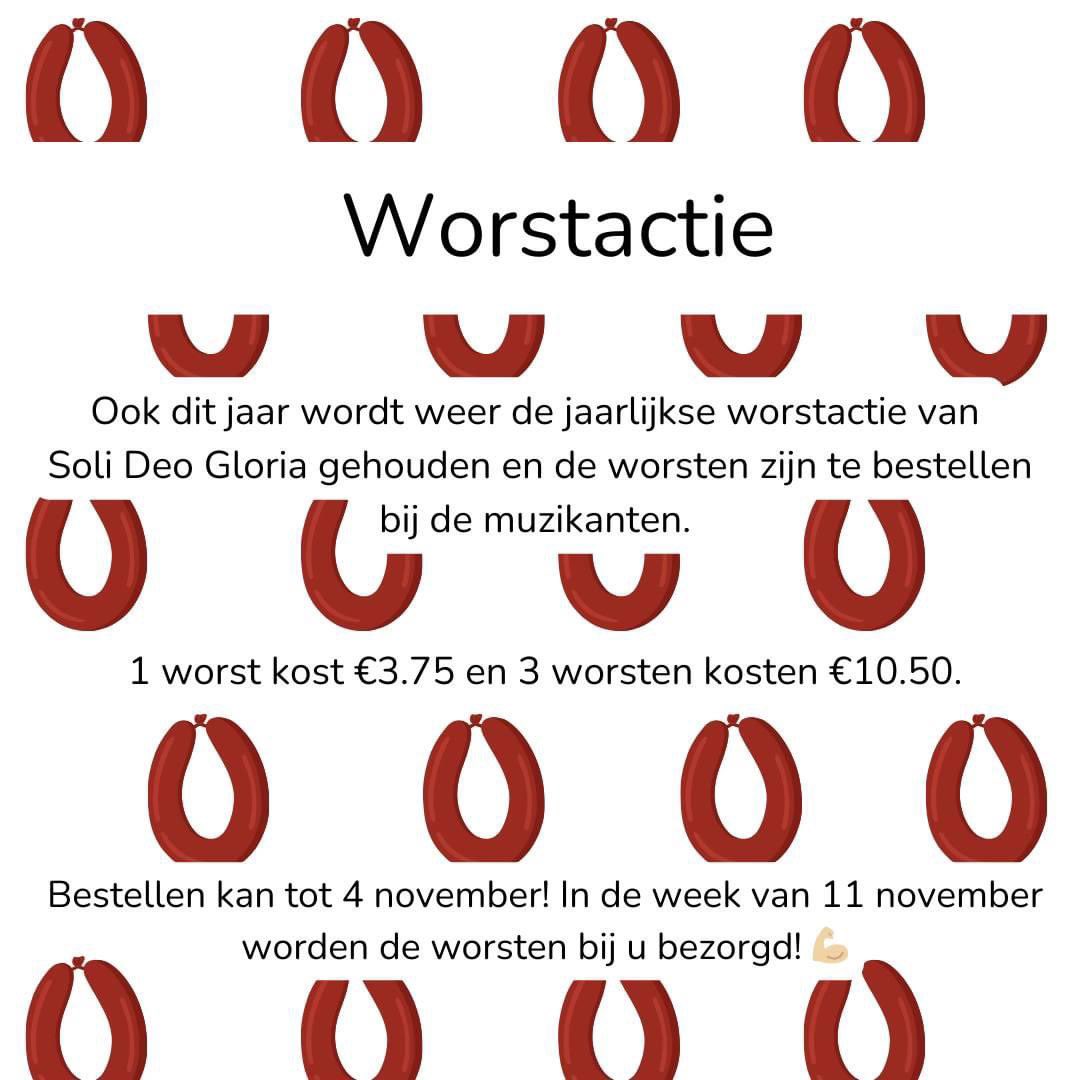 Worstactie

Ook dit jaar wordt weer de jaarlijkse worstactie gehouden en de worsten zijn te bestellen bij de muzikanten. 1 worst kost €3.75 en 3 worsten kosten €10.50.

Bestellen kan tot 4 november! In de week van 11 november worden de worsten bij u bezorgd!