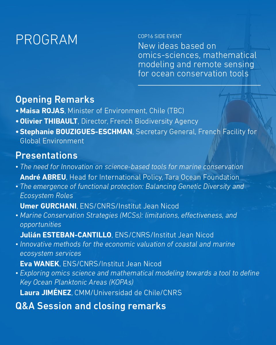 ⛵🇨🇴 La investigadora CMM/CNRS, Laura Jiménez, participará en el evento: New ideas based on omics-sciences, mathematical modeling and remote sensing for ocean conservation tools, en el marco de la COP16 Colombia 2024.

🗓️ Martes 29/10, 11:30 horas
📌 +INFO go.cmm.uchile.cl/cop16