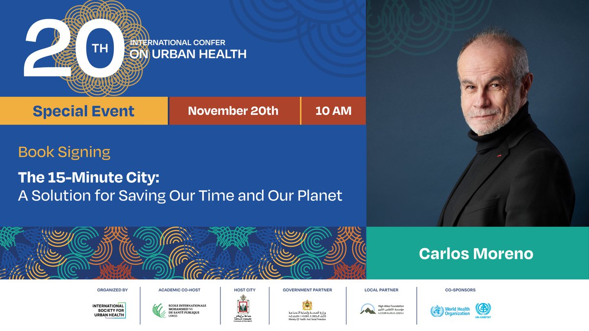 ISUH (@is_urbanhealth) on Twitter photo We're thrilled to announce our special book signing event as part of #ICUH24 next month!
Come get your copy of the newly published '15-Minute City' book signed in-person by our featured plenary speaker Professor <a href="/CarlosMorenoFr/">Pr Carlos Moreno | IAE-Paris Sorbonne</a>!
Not registered yet?
🔗 icuh2024.org/registration We're thrilled to announce our special book signing event as part of #ICUH24 next month!
Come get your copy of the newly published '15-Minute City' book signed in-person by our featured plenary speaker Professor <a href="/CarlosMorenoFr/">Pr Carlos Moreno | IAE-Paris Sorbonne</a>!
Not registered yet?
🔗 icuh2024.org/registration