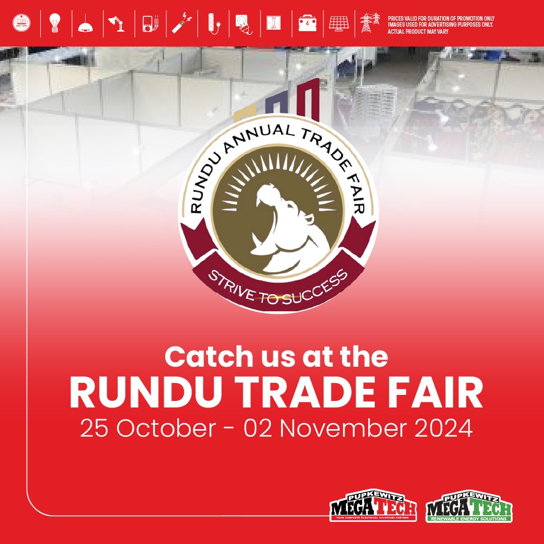 Catch us at the Rundu Trade Fair!🌟  
Join Pupkewitz Megatech from 25 October - 02 November 2024 for amazing deals on renewable energy solutions, LED lighting, and much more! Visit our stand to meet the team and discover innovative products designed to make your life easier.