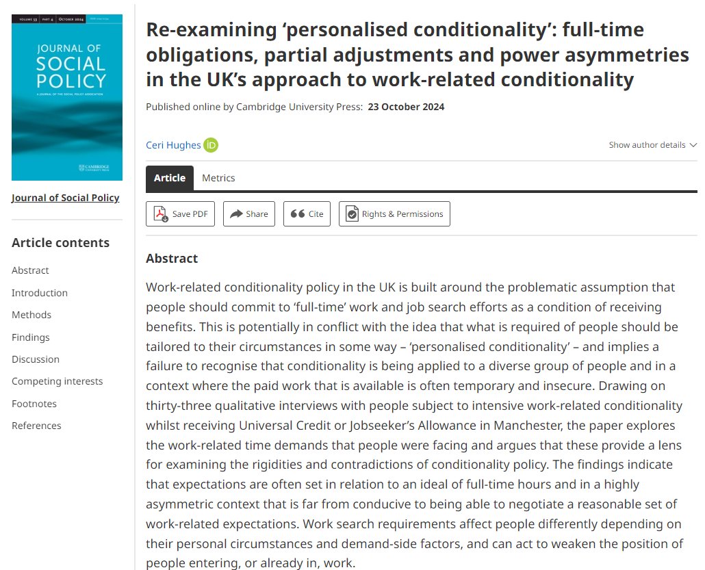 Ceri Hughes (@ceridwenhughes) on Twitter photo Delighted to see this article published open access in <a href="/JSP_Journal/">Journal of Social Policy</a>. It draws on qualitative interviews with people subject to work-related conditionality to explore whether conditionality is experienced as a set of standardised time demands doi.org/10.1017/S00472… Delighted to see this article published open access in <a href="/JSP_Journal/">Journal of Social Policy</a>. It draws on qualitative interviews with people subject to work-related conditionality to explore whether conditionality is experienced as a set of standardised time demands doi.org/10.1017/S00472…
