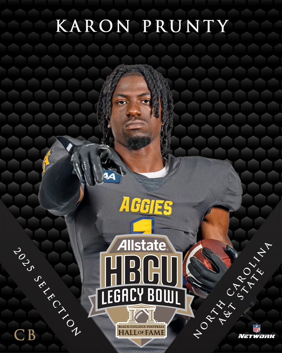 HBCU LEGACY BOWL (@hbculegacybowl) on Twitter photo Welcome to the 2025 ALLSTATE HBCU LEGACY BOWL!
KARON PRUNTY
CB, <a href="/NCATFootball/">Aggie Pride</a>
#LegacyBound ✊🏿 Welcome to the 2025 ALLSTATE HBCU LEGACY BOWL!
KARON PRUNTY
CB, <a href="/NCATFootball/">Aggie Pride</a>
#LegacyBound ✊🏿