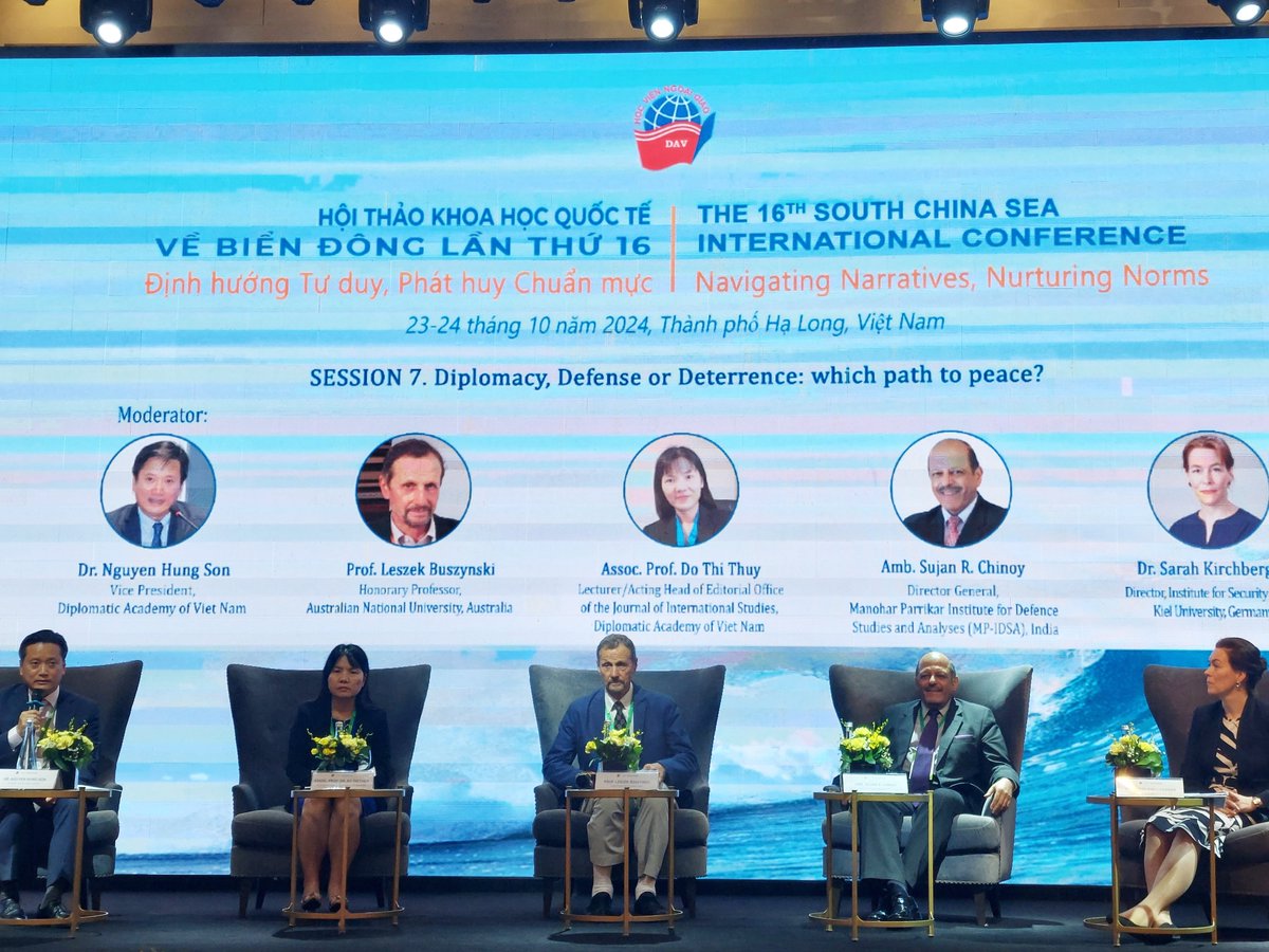 SujanChinoy's tweet photo. At the 16th #SouthChinaSea Conference organised by the Diplomatic Academy of #Vietnam titled "Navigating Narratives, Nurturing Norms" I spoke in panel discussion on "Diplomacy, Defence Or Deterrence: Which Path To Peace". #ASEAN #UNCLOS #ITLOS #SCSC16 #DAV @AmbHanoi https://t.co/WHDfbQI2be