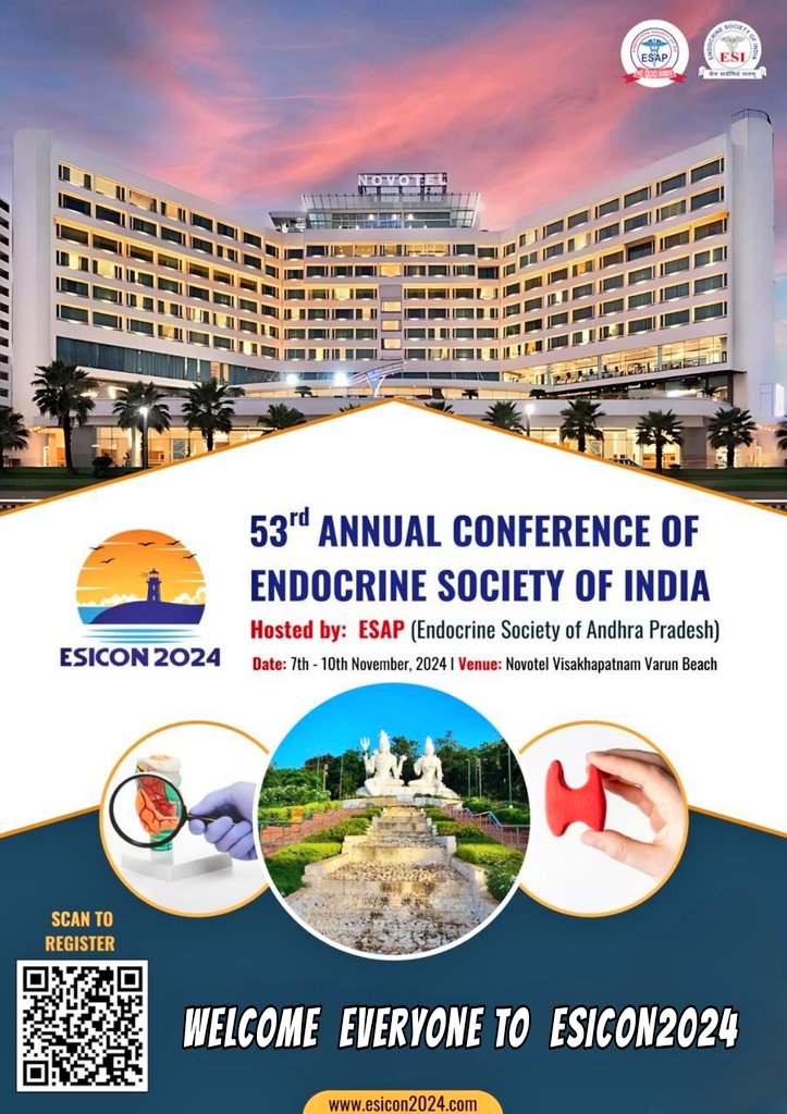 Our Annual Summit #ESICON2024 Nov 7-10 Visakhapatnam 🇮🇳

- Scientific Lectures
- Preconference Workshops
- Immersive Panel discussions
- Award papers
- E Poster Trainees, Consultants
- ESI Quiz DM DrNB trainees 
- Rhythms of Resilience
- Serene Beach 😍

 ESICON2024vizag.com