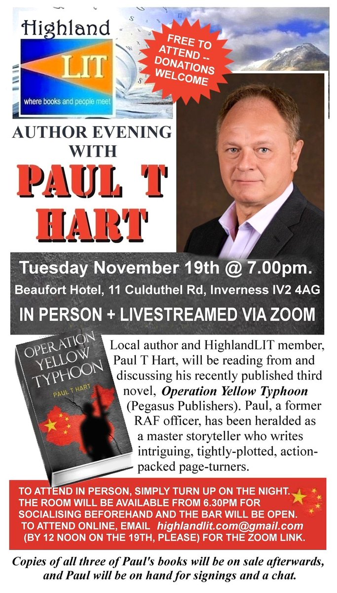 HighlandLIT next meets on November 19th at the Beaufort Hotel for an author evening with HighlandLIT member Paul T. Hart.  Full details here: highlandlit.com/events